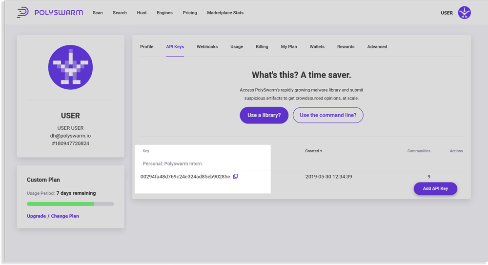 Screenshot of User settings API keys tab